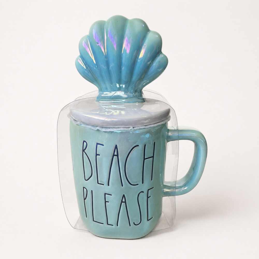 Rae Dunn Iridescent Aqua 'Beach Please' Mug w/ Shell Lid